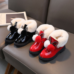 Winter New Children Snow Boots for Girls Waterproof Bright Leather Medium Short Boots for Girls with Fleece Lining Children's Fleece Boots