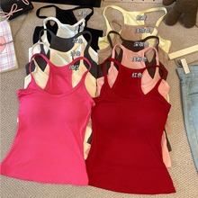 欧美风辣妹U领吊带纯欲性感紧身内搭背心打底衫带胸垫美背外穿