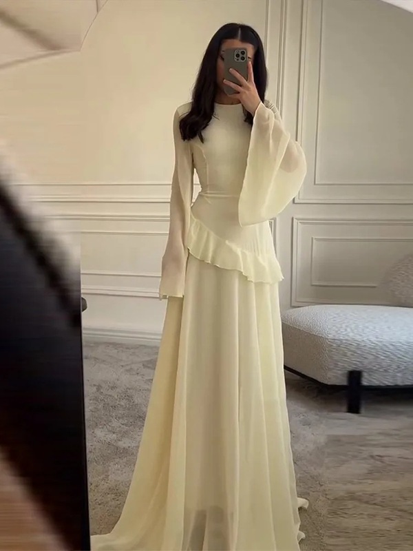 欧美跨境2025新款褶皱长裙女装修身o型领收腰晚礼服时尚连衣裙|undefined