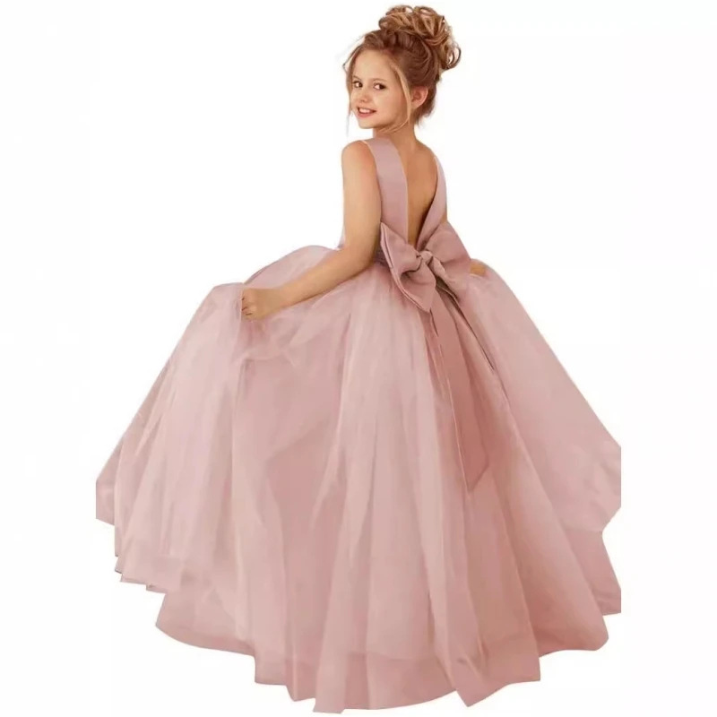 Bean Paste Pink Girl's Birthday Princess New Sleeveless Back Bow Puffy Tulle Long Dress High-end Feel_voghion.com