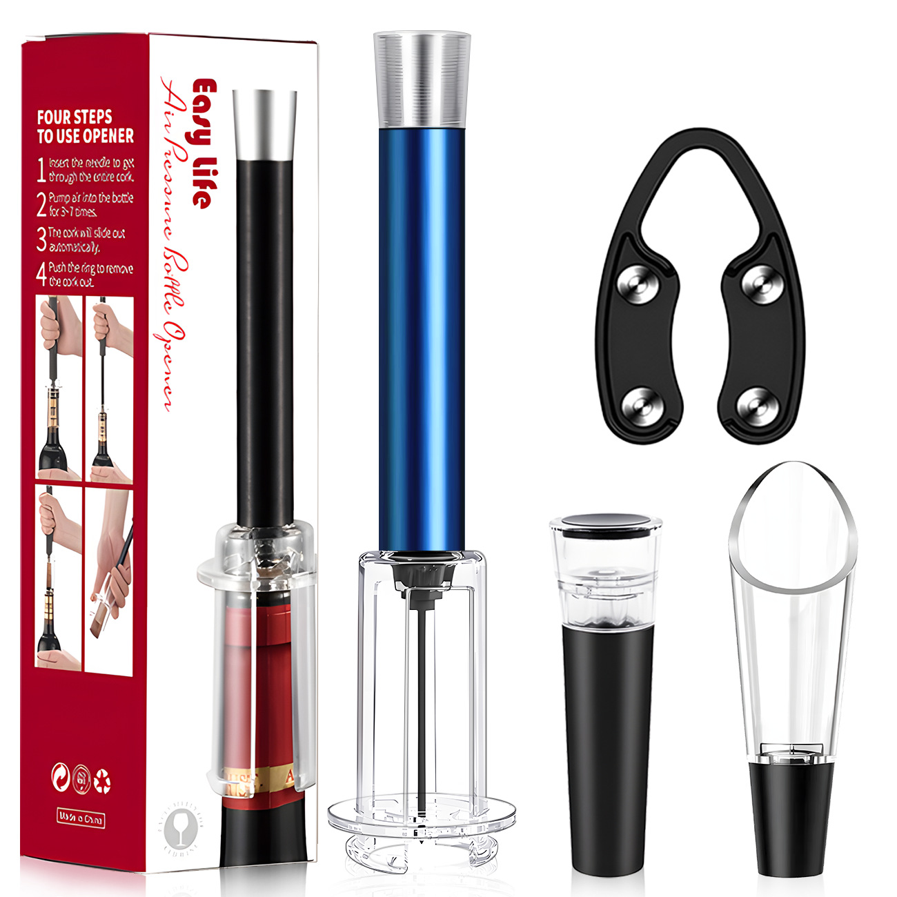 색상 상자에 플라스틱 막대 알루미늄 헤드 파란색 4피스 공기압 병따개 세트