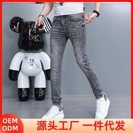 欧洲站春季潮牌牛仔裤男重工烫钻铆钉灰色弹力修身休闲小脚长裤子