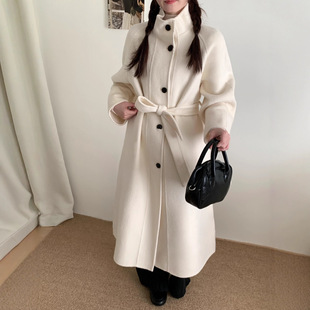 Stand Collar Lace-Up Loose Coat for Women, Double-Sided Cashmere Coat, Extra-Long High-End Fashion Woolen Coat for Women