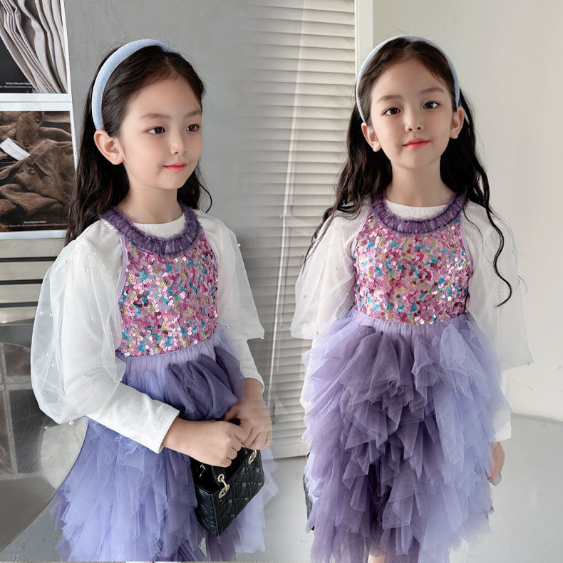 2026 Internet Celebrity Autumn Style Girls' Elegant Purple Dress Princess Gown Butterfly Sleeveless Pearl Cake Dress