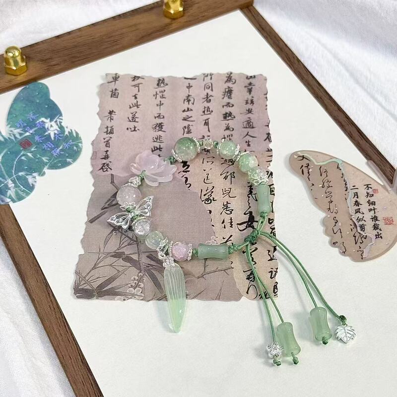 New Chinese Style Exquisite Lotus Leaf Lotus Beaded Handmade Braided Rope Bracelet Your Niche National Style Design Advanced Feeling Bracelet