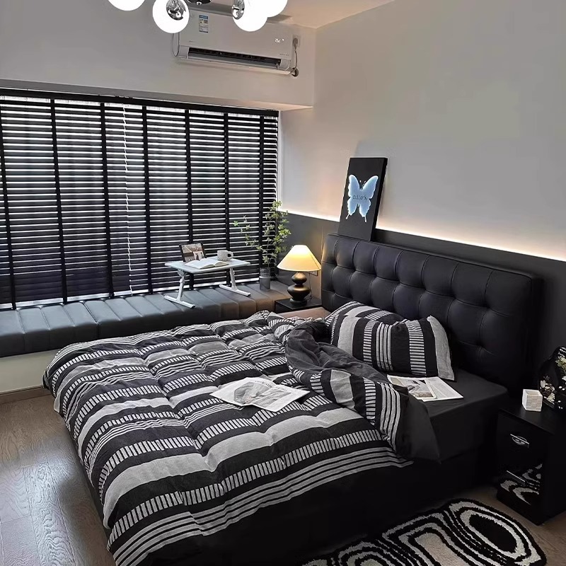 Italian Minimalist Leather Bed 1.8m Double Bed Waffle Bed Master Bedroom Wedding Bed Soft Package Small Apartment 1.5m Bed Frame