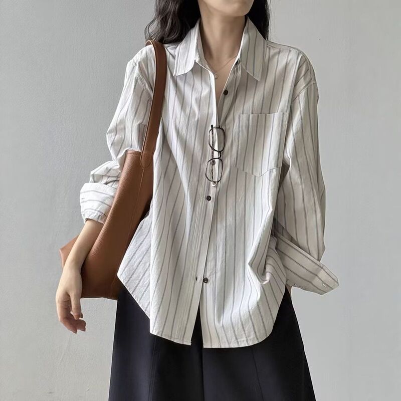 Striped Long-Sleeved Shirt for Women 2026 Autumn New Casual Style Loose Slimming Drapey Top