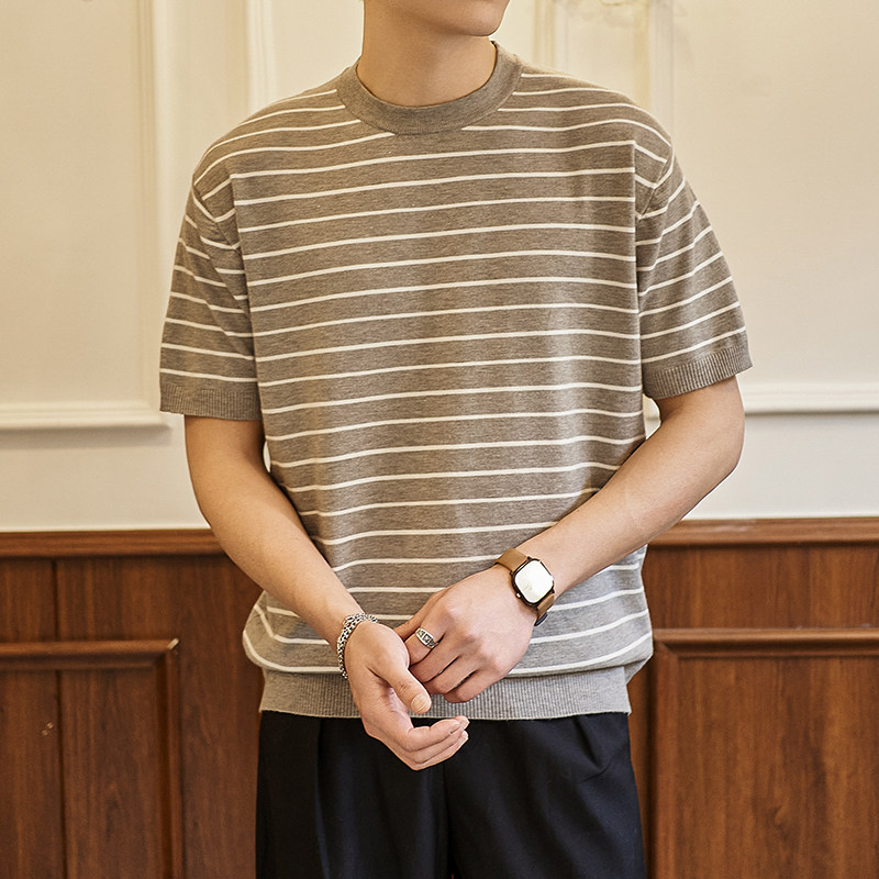 ZY8103T-MW老钱风条纹圆领针织短袖通勤百搭夏季时尚简约T恤,男装针织衫/毛衣,星座614