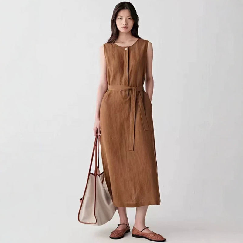 Xiaohe Women's Clothing Store's same style 2026 summer new product natural style simple linen plain mid-length dress for commuting Xiaohe Women's Clothing Store's same style 2026 summer new product natural style simple linen plain mid-length dress for commuting
