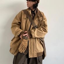 刺绣工装外套男女春秋新款日系复古宽松翻领纯色设计飞行服夹克衫