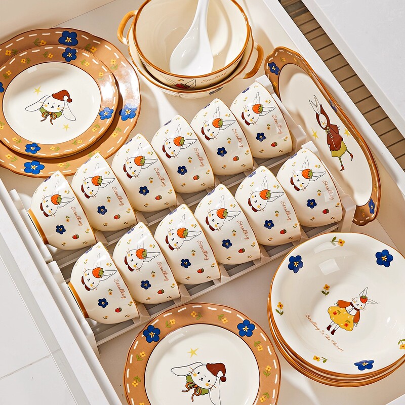 Little Red Book Cartoon Jingdezhen Ceramic Tableware Cute Rabbit Bowls and Plates Home Dining Plates Flat Plates Large Soup Bowls for Gifts