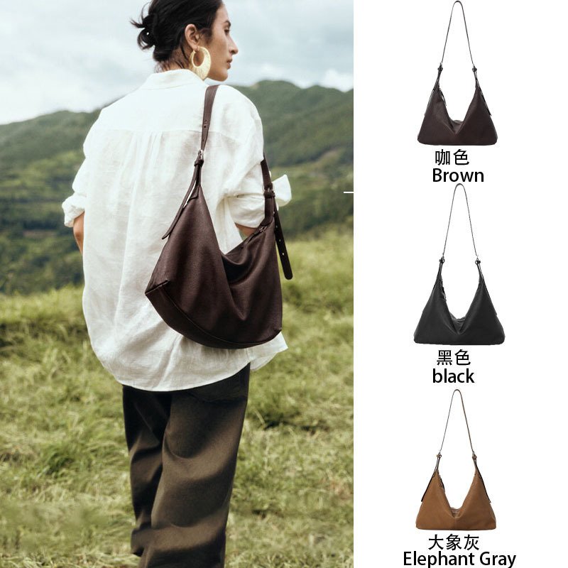 Qiu Zhen vegetable-tanned cowhide and sheepskin double-handle hobo bag, single-shoulder crossbody bag, casual versatile large-capacity commuter bag for women