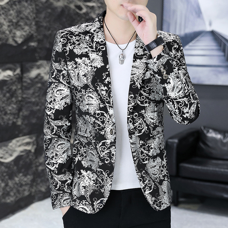 Spring and Autumn New 2024 Korean Style Slim-fit Color Suit Men's Coat Chinese Style Distinctive Printed Suit for Men