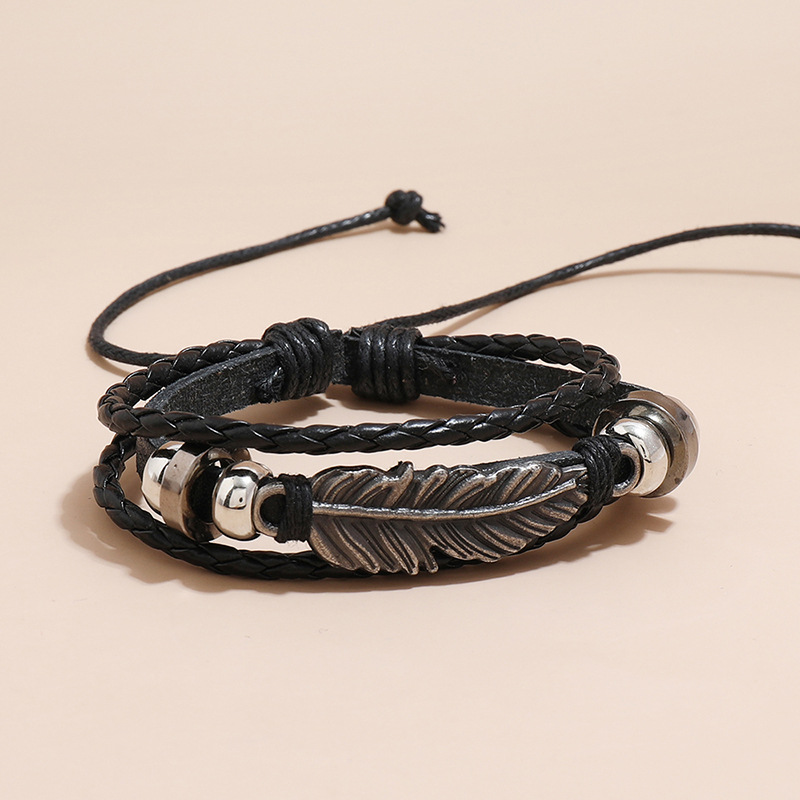 wholesale jewelry feather shape beaded leather bracelet nihaojewelry