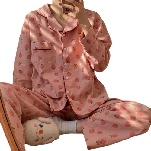 ins风草莓甜美春秋夏季长袖开衫睡衣女士春季睡裤两件套装家居服