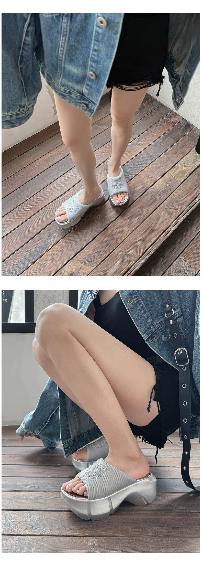 Dép sandal nữ đế dày gót cao mũi hở phong cách thể thao — Màu đen, Màu xám chi tiết 10