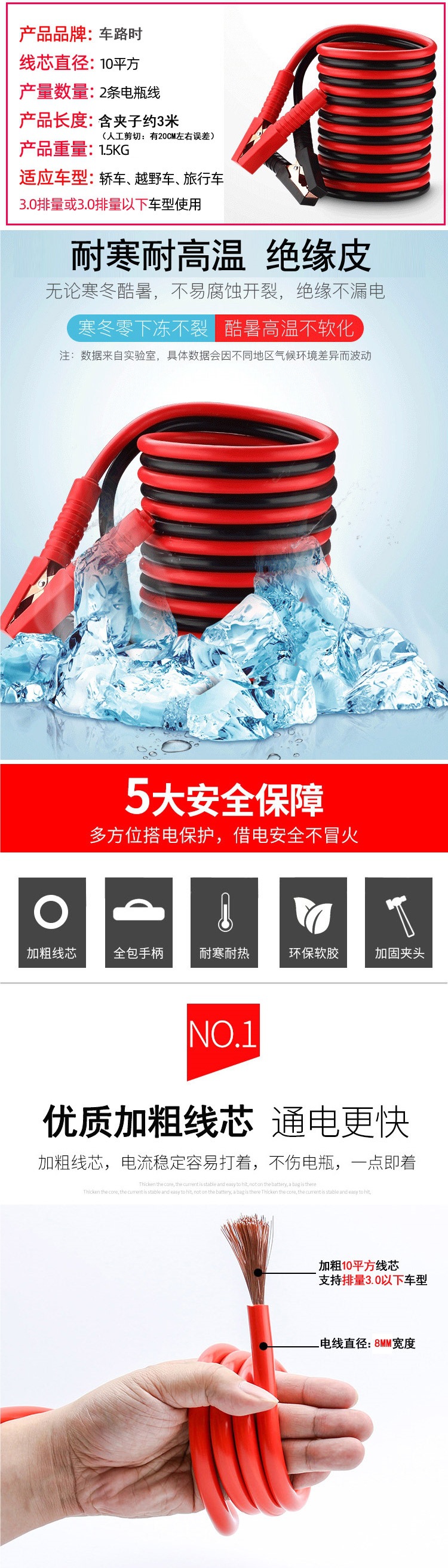 Car Emergency Jump Starter Cable with Thickened Connector for Vehicle Jump Starting