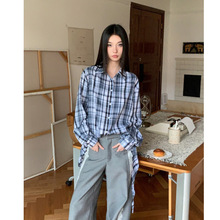 现货下摆绑带多穿法宽松格纹衬衫女新款
