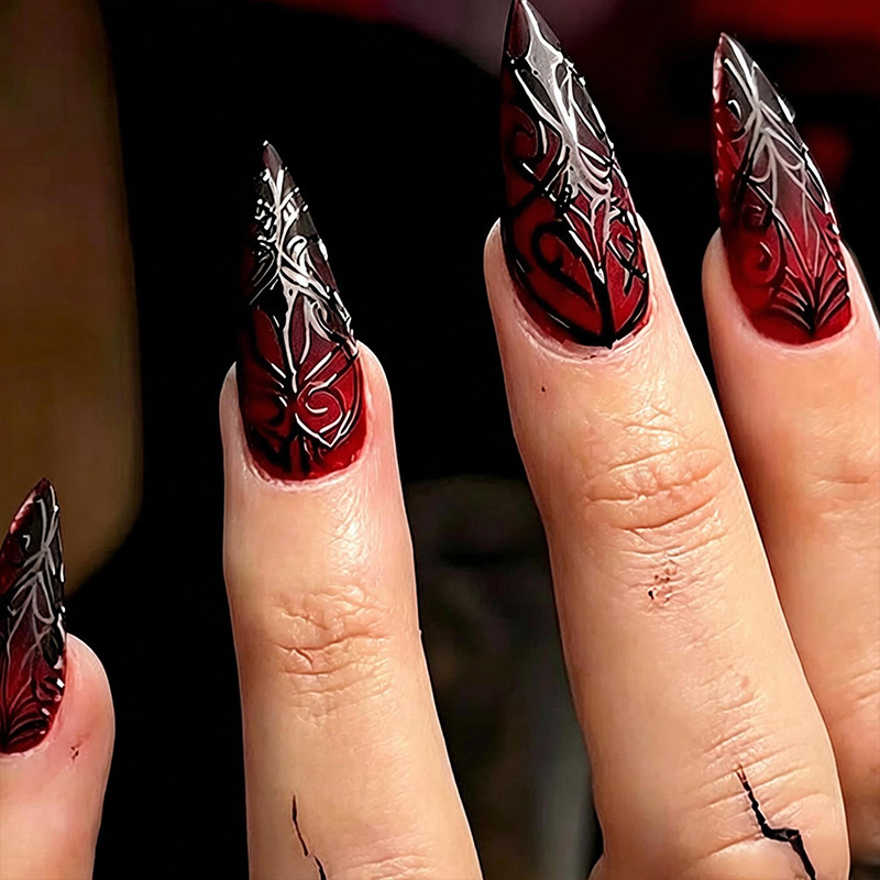 Cross-Border Halloween Almond-Shaped Gradient Dark Red Spider Web Nail Stickers European and American Dark Style Wearable Nail Tips Fake Nails Cross-Border Halloween Almond-Shaped Gradient Dark Red Spider Web Nail Stickers European and American Dark Style Wearable Nail Tips Fake Nails