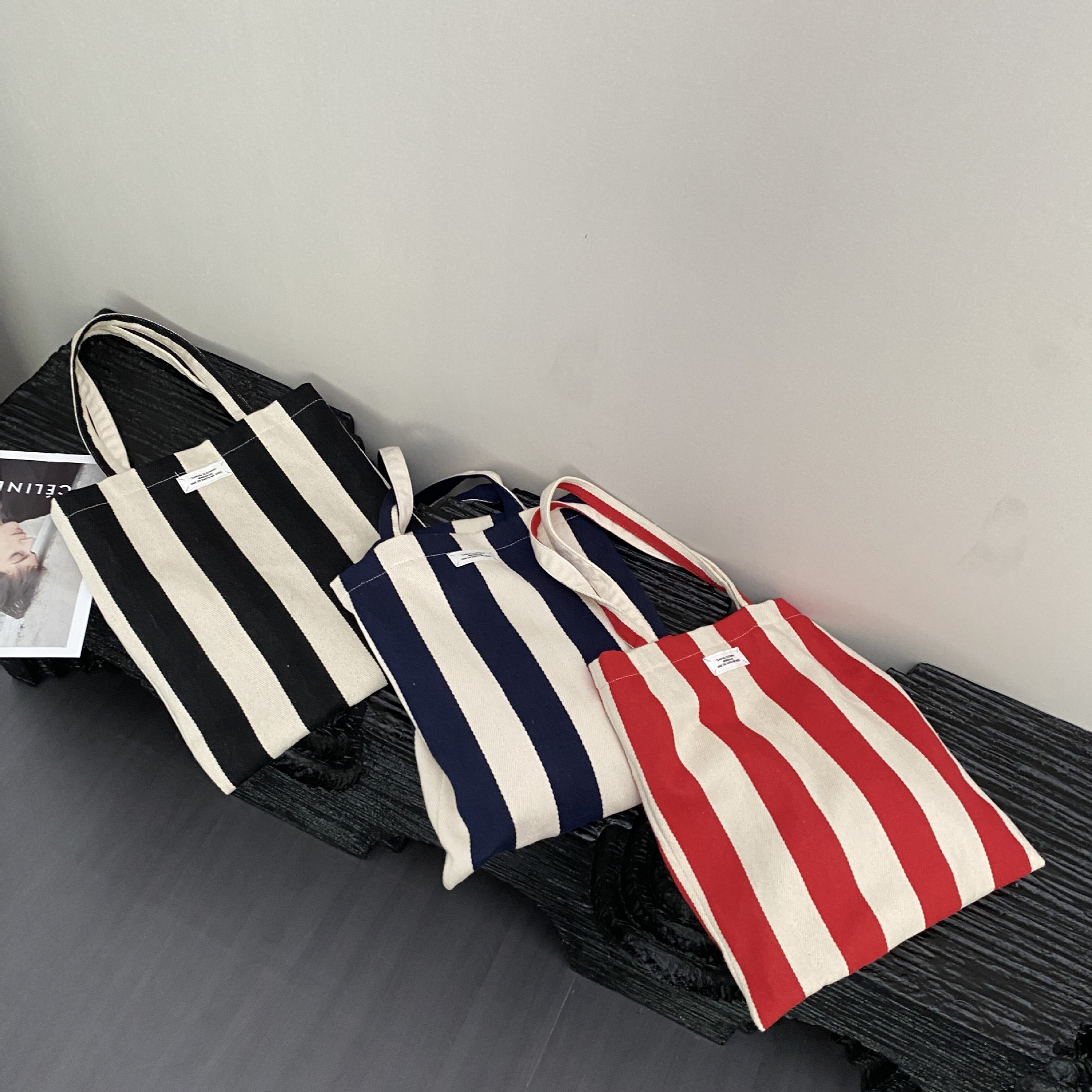 Women's single shoulder canvas with striped square large capacity shopping bag, simple versatile Korean version, small_voghion.com