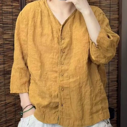 2025 New Solid Color Cotton Linen Loose Top Literary and Elegant Casual Seven-Sleeve Open Shirt Blouse T-Shirt for Women