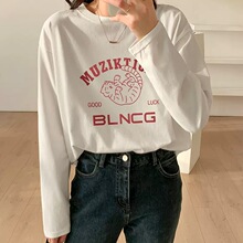 卡通字母印花白色长袖T恤女早秋2022新款纯棉内搭打底衫圆领上衣