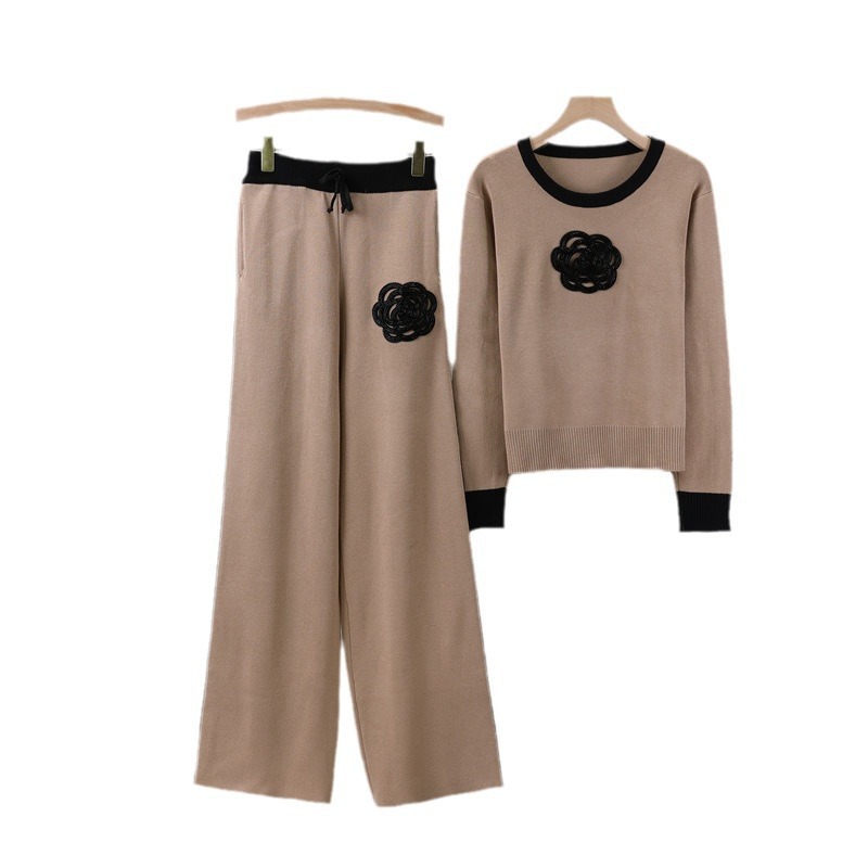 Moteriški drabužiai rudeninis naujas kamelijos megztas kostiumas moteriškas megztas apvalia kaklelis megztas plačios kelnės temperamento dviejų dalių kostiumas_voghion.com