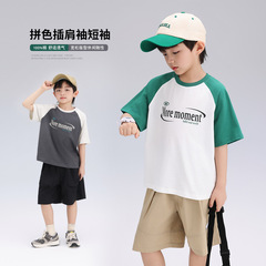 上新字母印花圓領男童短袖2024夏季新款撞色插肩袖男童T恤韓版潮