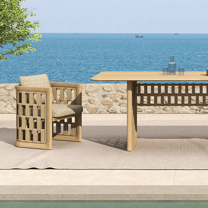 Mesa y sillas de teca al aire libre patio jardín tabla de madera impermeable hotel villa resort todo el tiempo mesa larga de madera maciza
