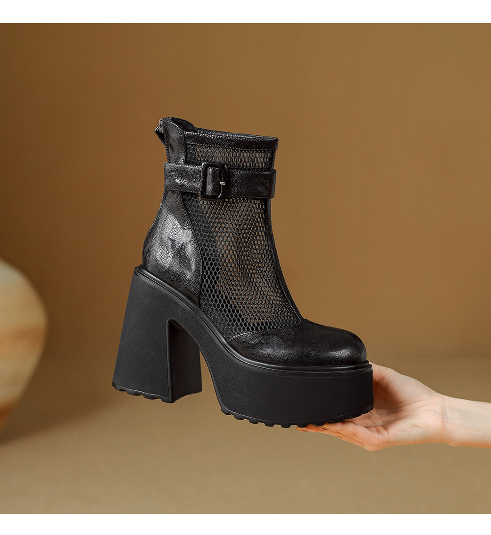 Boot nữ đế dày hở mũi phong cách La Mã da thật lưới thoáng khí kéo khóa trước mùa hè cổ thấp — màu đen chi tiết 18
