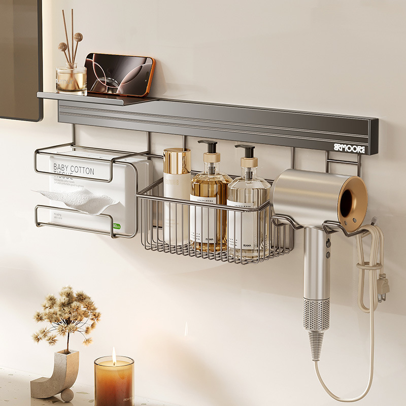 Gunmetal Gray Bathroom Stainless Steel Storage Rack, No-Drill Washbasin Vanity Organizer, DIY Wall-Mounted Basket Gunmetal Gray Bathroom Stainless Steel Storage Rack, No-Drill Washbasin Vanity Organizer, DIY Wall-Mounted Basket