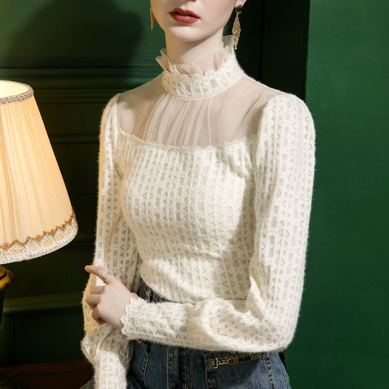 Stand Collar Lace top women's bubble sleeve slim fit 2022 autumn and winter mesh stitching Western style winter small shirt bottoming shirt