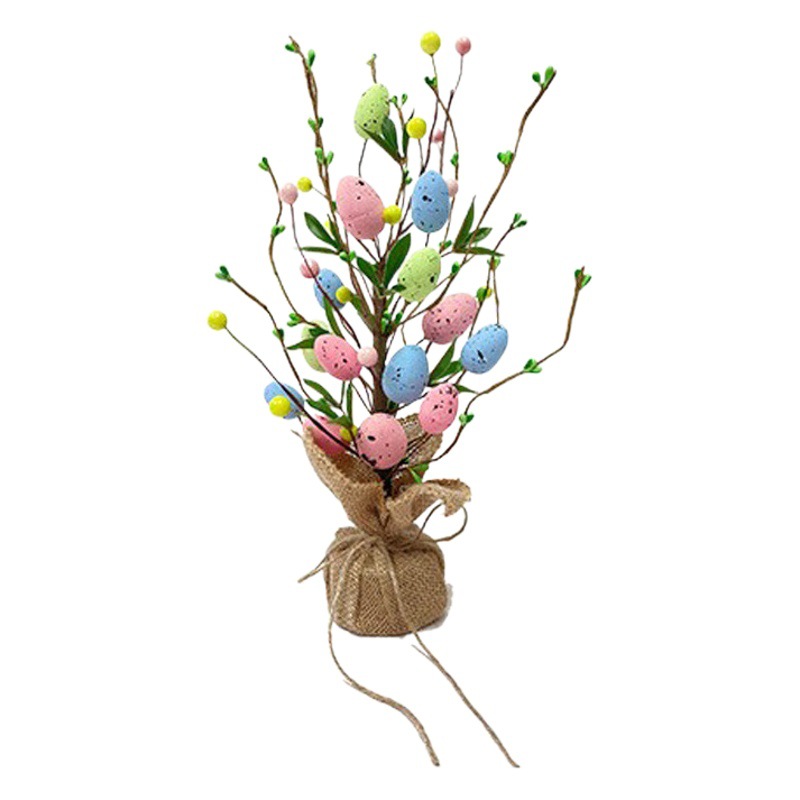 Artificial colorido huevo de madera pila pequeño árbol Amazonas Pascua espuma huevo Margarita planta verde falso hoja decoración interior