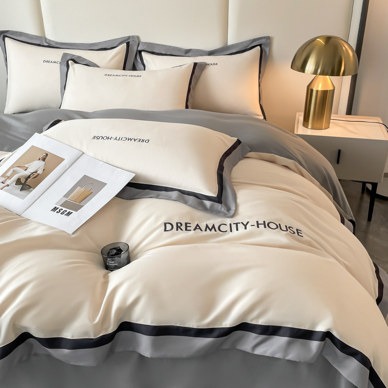Light Luxury, Simple Embroidered Cotton Four-Piece Set, High-End Pure Cotton Thickeneded Bed Sheetss, Quilt Cover, Fitted Bed Sheets Bedding