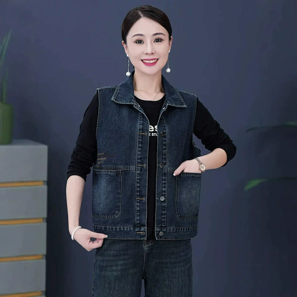 Буквенно-вышитый жилет весной и летом новый модный простой ленивый ленивый расслабляющий стирка мягкой джинсовой жакет дикий жакет женский