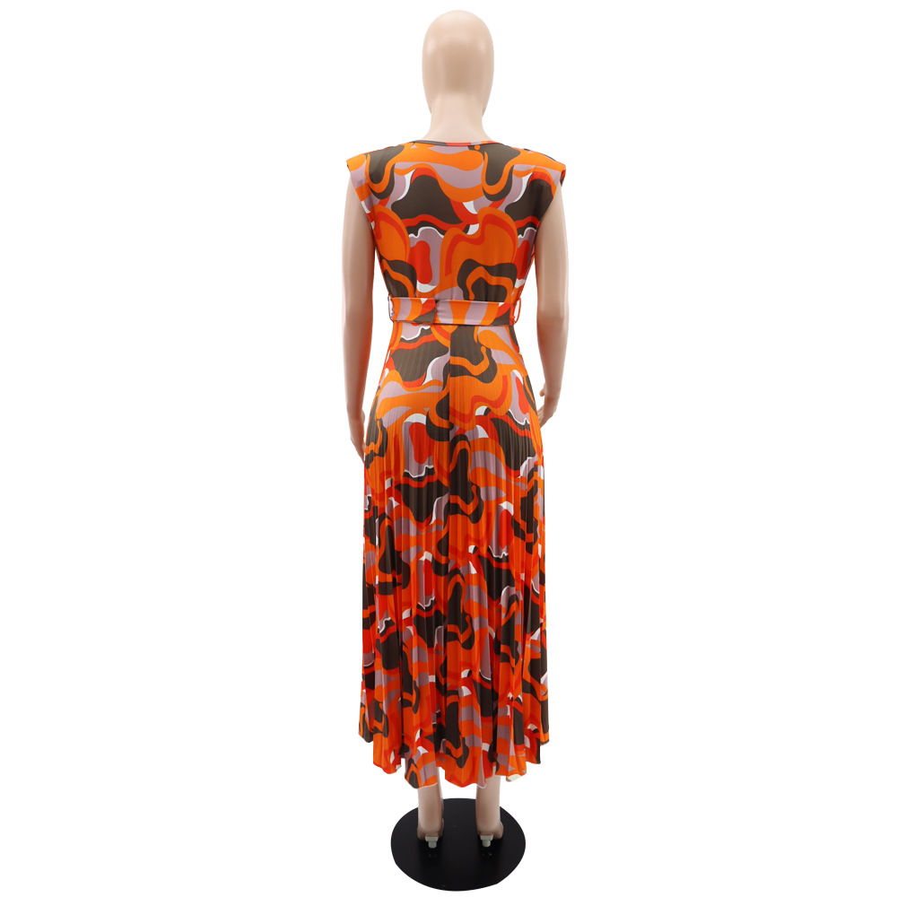 V Neck Sleeveless Padded Shoulder Casual Printed Office All Matching Pleated Waist Dress