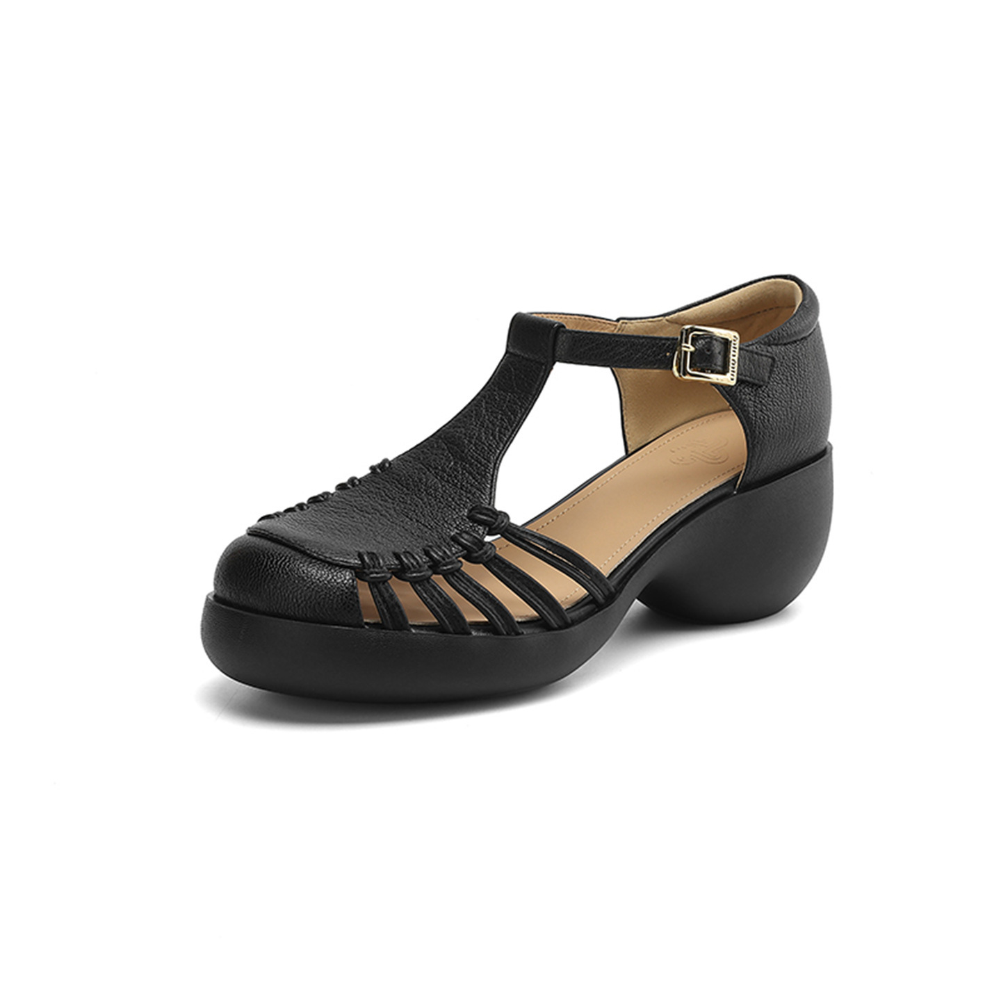 Sandal nữ da cừu mũi bao đế dày quai ngang một chữ kiểu La Mã — đen