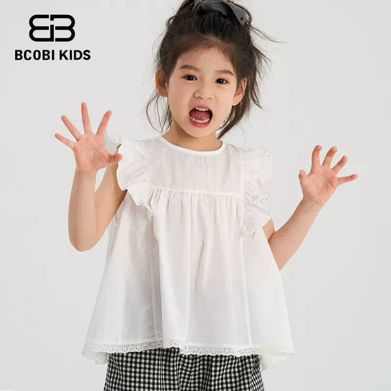 不可比喻女童纯棉衬衫2025新款中大童夏季田园荷叶无袖女宝娃娃衫