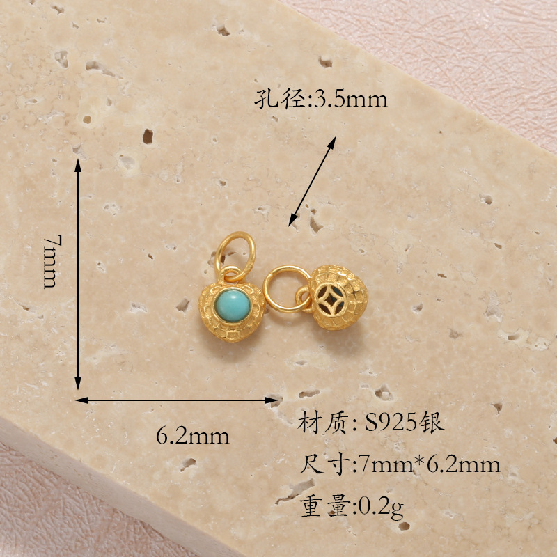 Raw Turquoise S925 Silver Gold-Plated Heart-Shaped Four-Leaf Clover Round Butterfly Pendant Spacer Bead DIY T6