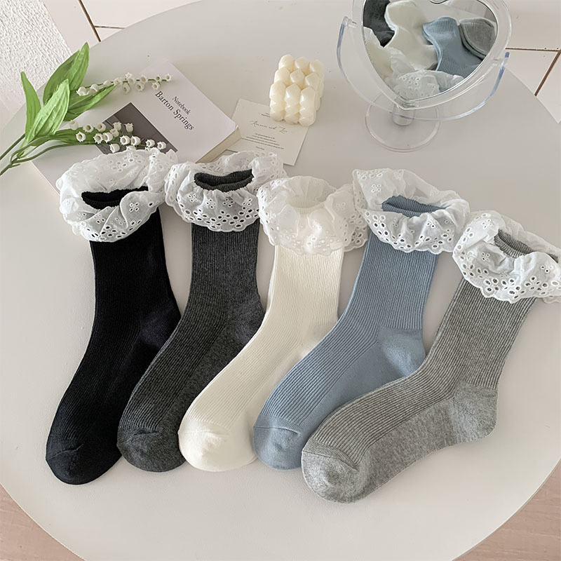 Lace Lace Socks Children's Mid-length Socks Autumn and Winter Trendy Lolita Solid Color All-match Korean Style Sweet Girls JK Pile Socks Lace Lace Socks Children's Mid-length Socks Autumn and Winter Trendy Lolita Solid Color All-match Korean Style Sweet Girls JK Pile Socks