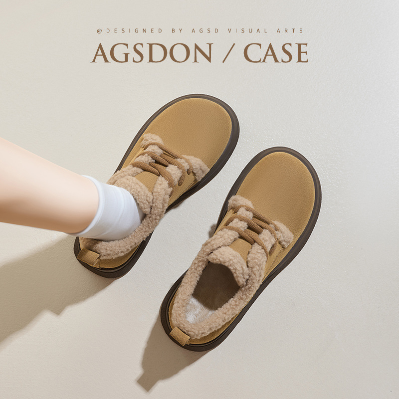 Augu Lion Deng Xiaoping zapatos de algodón de cachemira mujeres 2025 otoño y invierno nuevos zapatos de cuero de un pie Lefour zapatos de cachemira de cordero Bocken