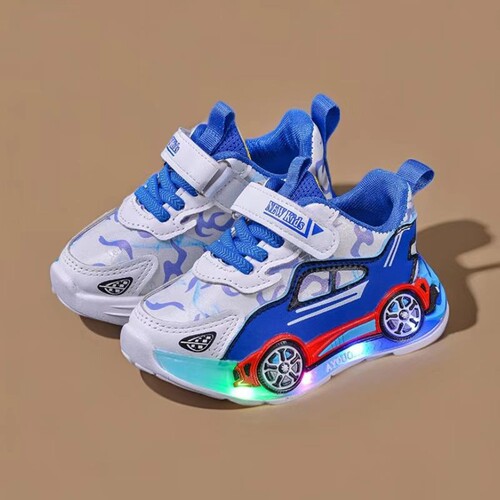 2025 Spring and Autumn New Medium and Small Boys' Leather Surface Cartoon Children's Sports Shoes with Light-Up Features for Boys, Ages 1-12