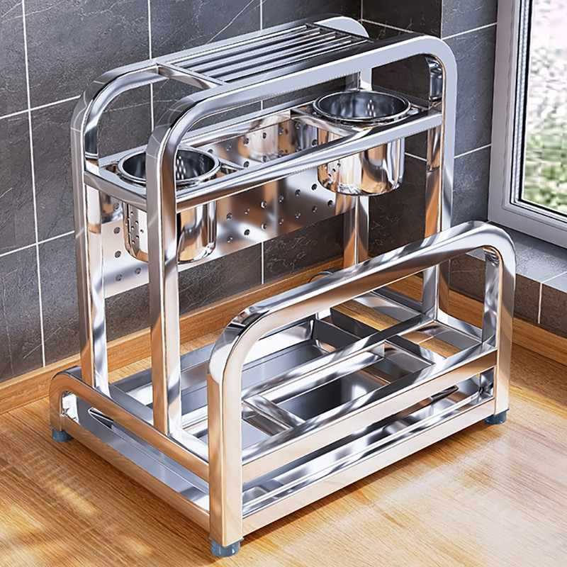 Estante de herramientas de cocina de acero inoxidable 304, soporte multifuncional para tabla de cortar y almacenamiento integrado