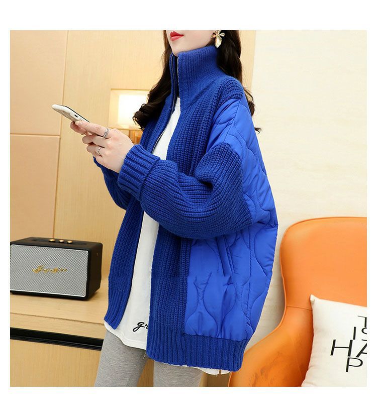 Blå stickad kofta för dam oversize vinter cardigan tröja_voghion.com