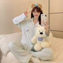 冬季新款睡衣女德绒翻领开衫长袖长裤甜美卡通保暖家居服套装