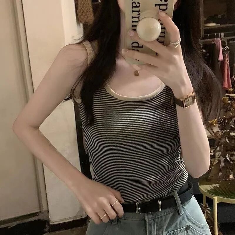 Hong Kong Style Vintage Striped Sling Knitted Contrast Color Short New Style Outer Wear Sweet Hot Vest Slim Fit Bottoming Sleeveless Top