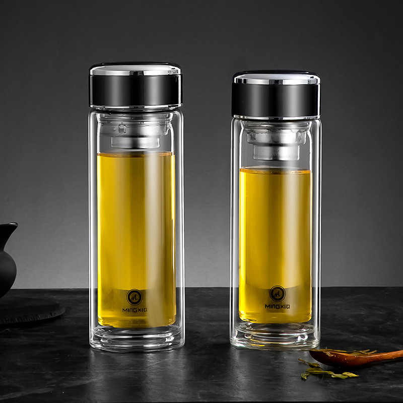 Double-layer glass office business tea cup with filter mesh portable transparent thick gift water cup wholesale