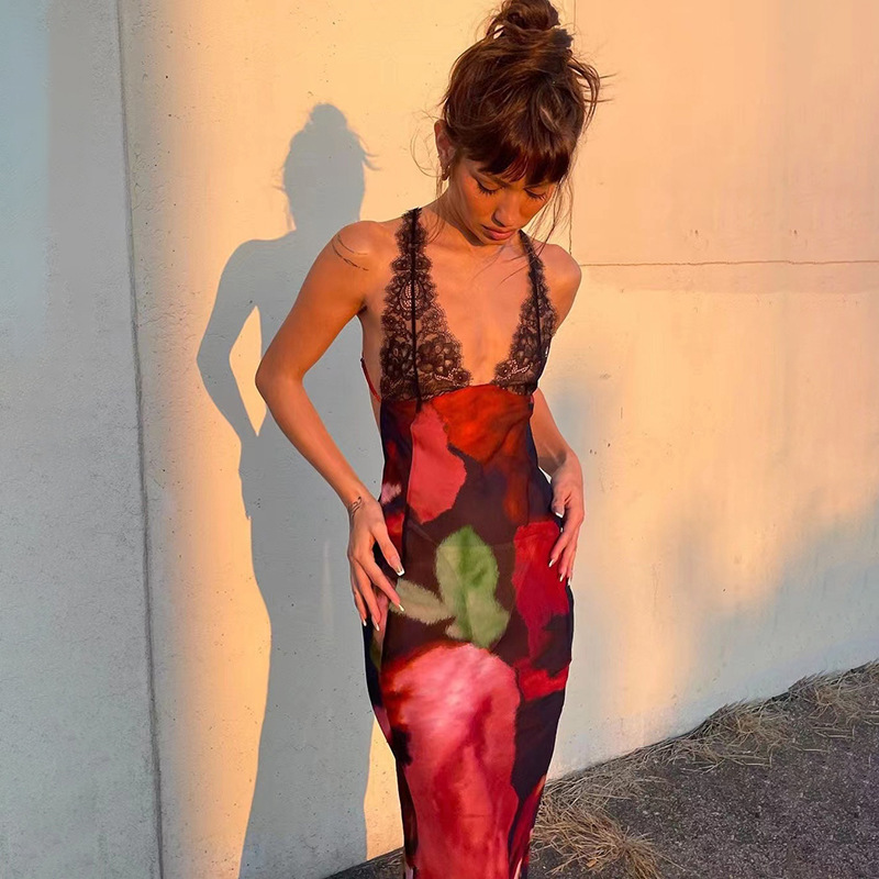 European and American style 2023 spring and summer new women's fashion lace strap sexy backless slim printed dress