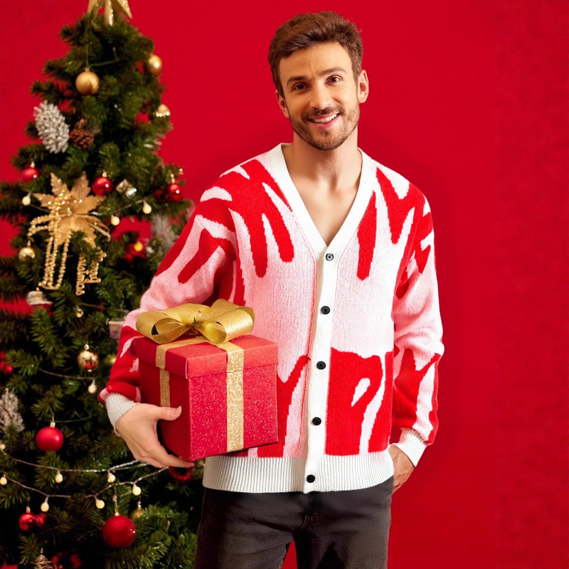 Cross-Border Christmas Men's Knitwear, Holiday Wear, Daily Wear, Casual Trendy Knitted Men's Cardigan Jacquard