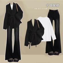 冬天穿搭套装女2024新款时髦气质外套打底衫百搭牛仔微喇裤三件套
